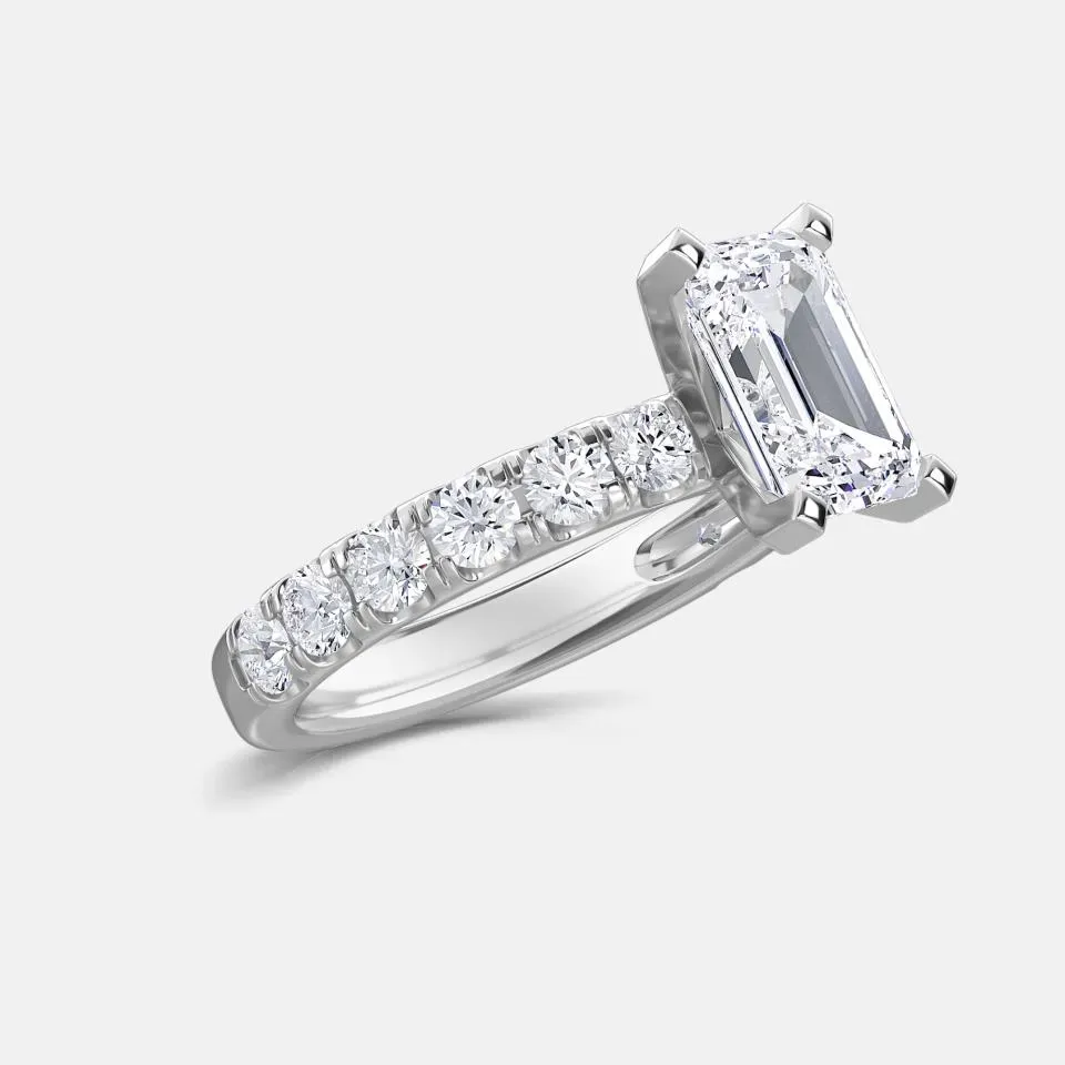 White gold Emerald Cut Sidestone Ring (thin)