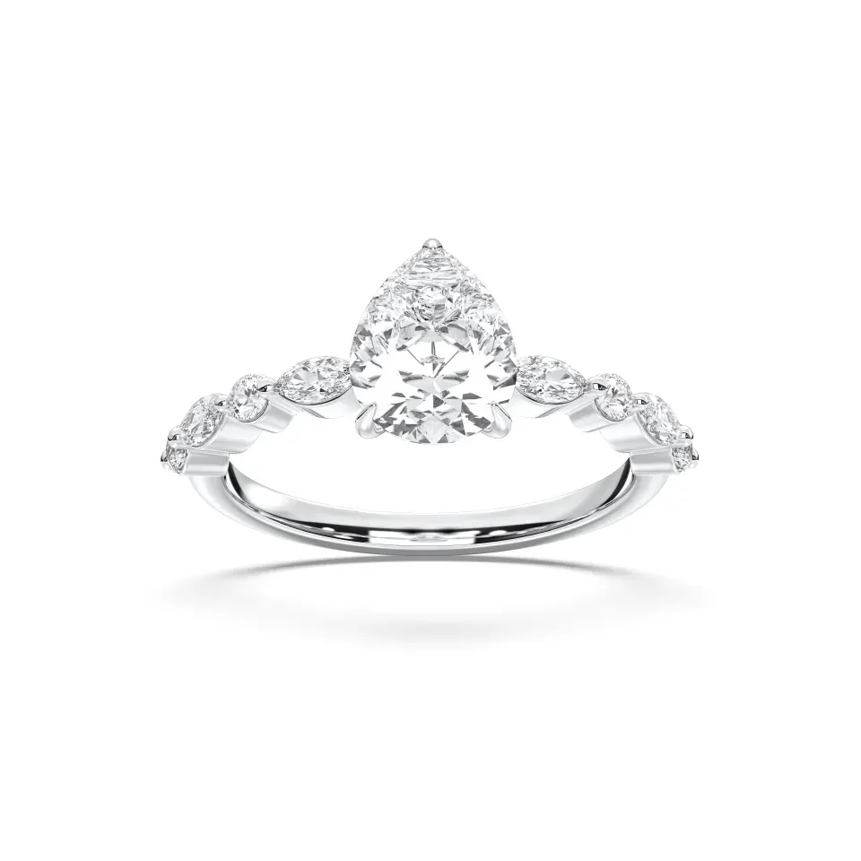 White gold Pear Cut Engagement Ring With Mq/rd Side Stone