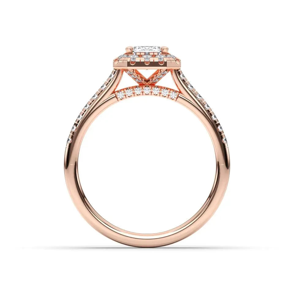 Rose gold Emerald Cut Flush Set Halo