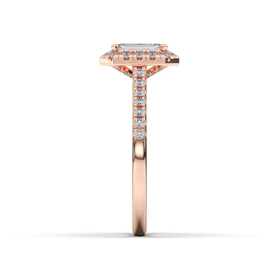 Rose gold Emerald Cut Flush Set Halo