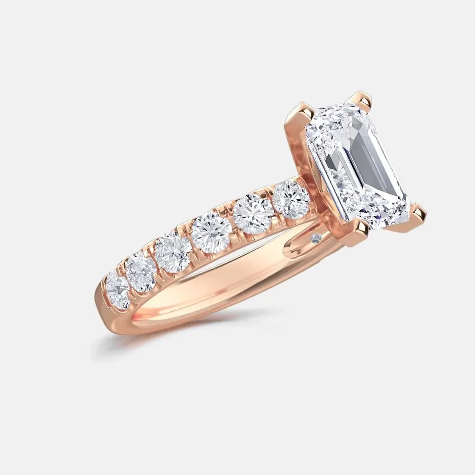 Rose gold Emerald Cut Sidestone Ring (thin)