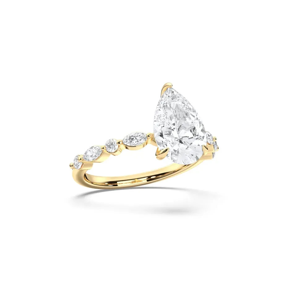 Yellow gold Pear Cut Engagement Ring With Mq/rd Side Stone