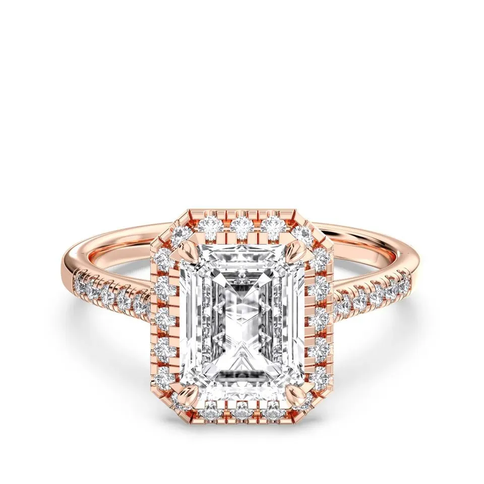 Rose gold Emerald Cut Flush Set Halo