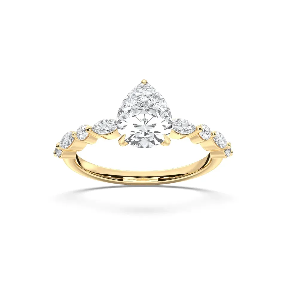Yellow gold Pear Cut Engagement Ring With Mq/rd Side Stone