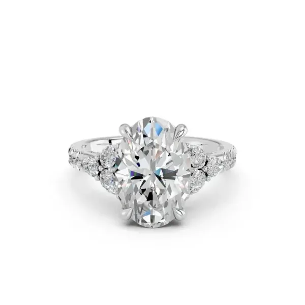 Silver Oval Cut Engagement Ring With Floral Side Clusters